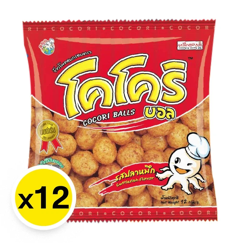 Cocori Ball Corn Snack Squid Flavor, 12g x 12 packs, crispy corn snack with squid flavor in colorful packaging.