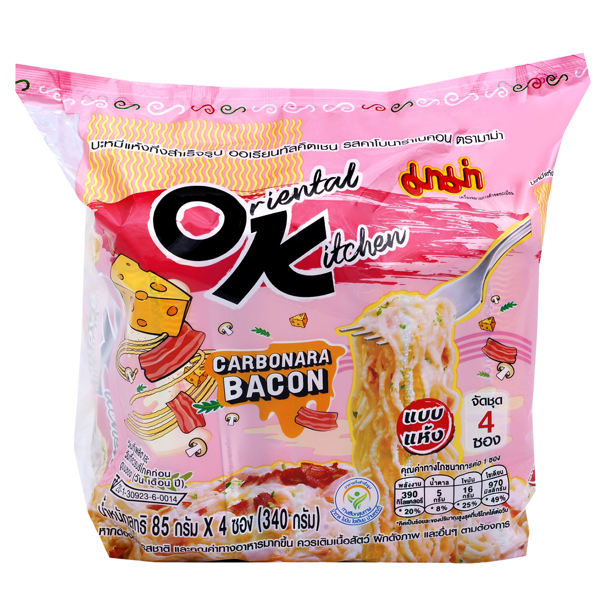 Mama Ok Carbonara Bacon, grocery product featuring crispy bacon strips ideal for pasta dishes and cooking.