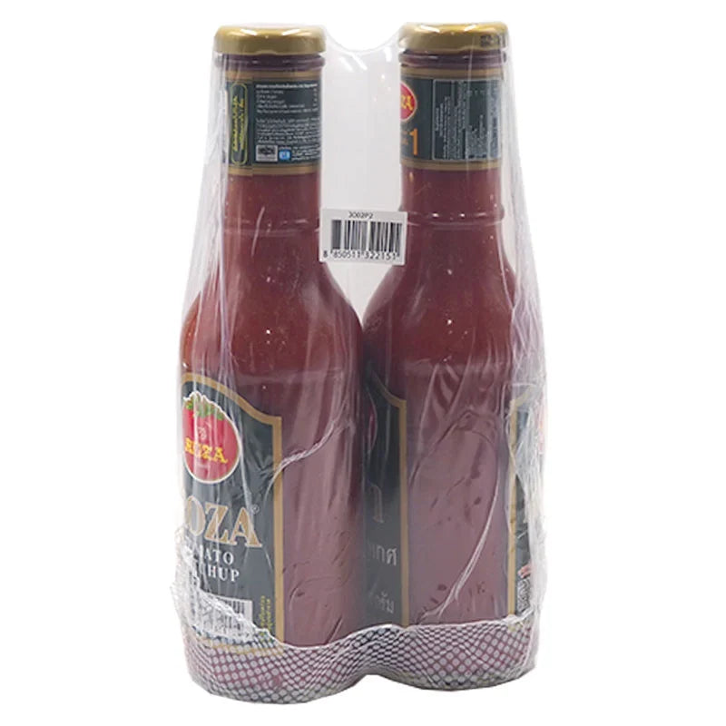 Roza Tomato Ketchup 600g bottle, two packs, in a dry grocery setting, showcasing the red, smooth ketchup with label details