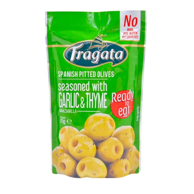 Fragata seasoned garlic and thyme pitted olives, 70g snack pack, showing olives with herbs in a clear container.