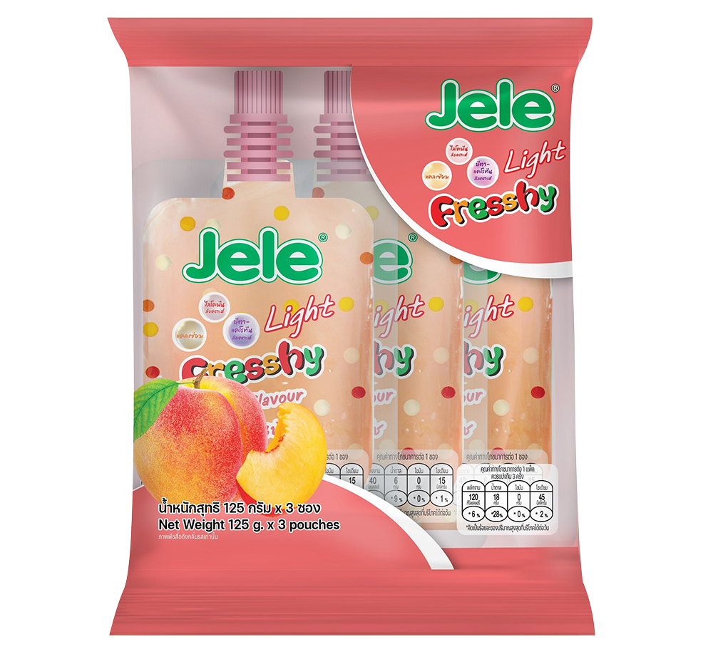 Jele Light Fresshy Peach flavor confectionery snack in a colorful package with peach illustrations and branding.