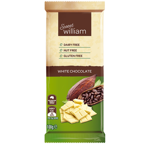 Sweet William Original White Chocolate bar, a healthy treat with smooth white chocolate shown in the image.