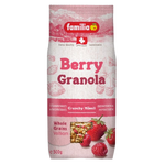 Familia Muesli Raspberry & Strawberry in a bowl with fresh berries and milk, showcasing the cereal's colorful ingredients.