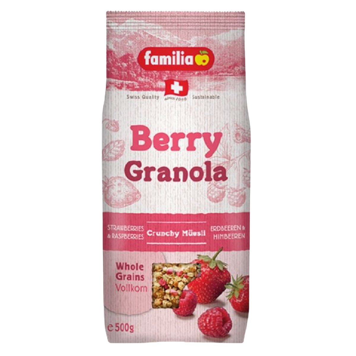 Familia Muesli Raspberry & Strawberry in a bowl with fresh berries and milk, showcasing the cereal's colorful ingredients.