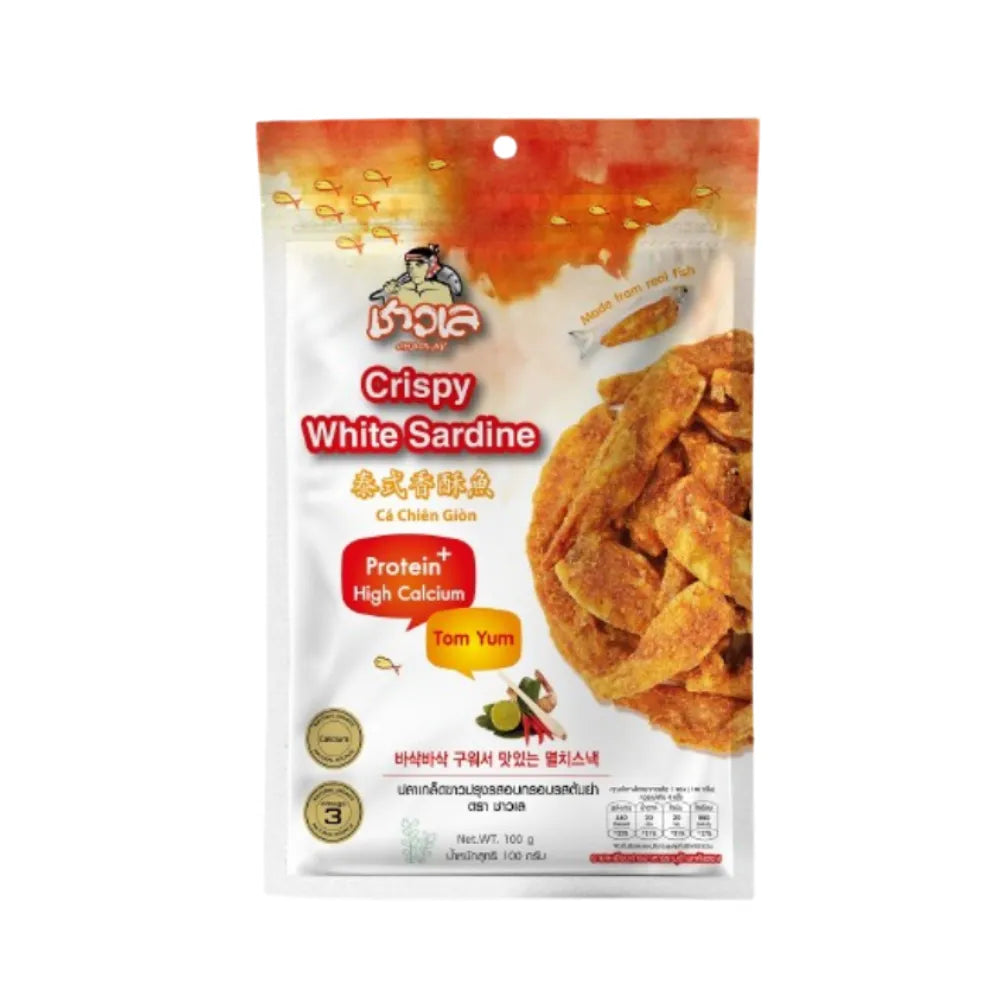 Chaolay Crispy White Sardine snack pack, 100g x12, featuring colorful packaging with images of crispy sardines for savory snack lovers.