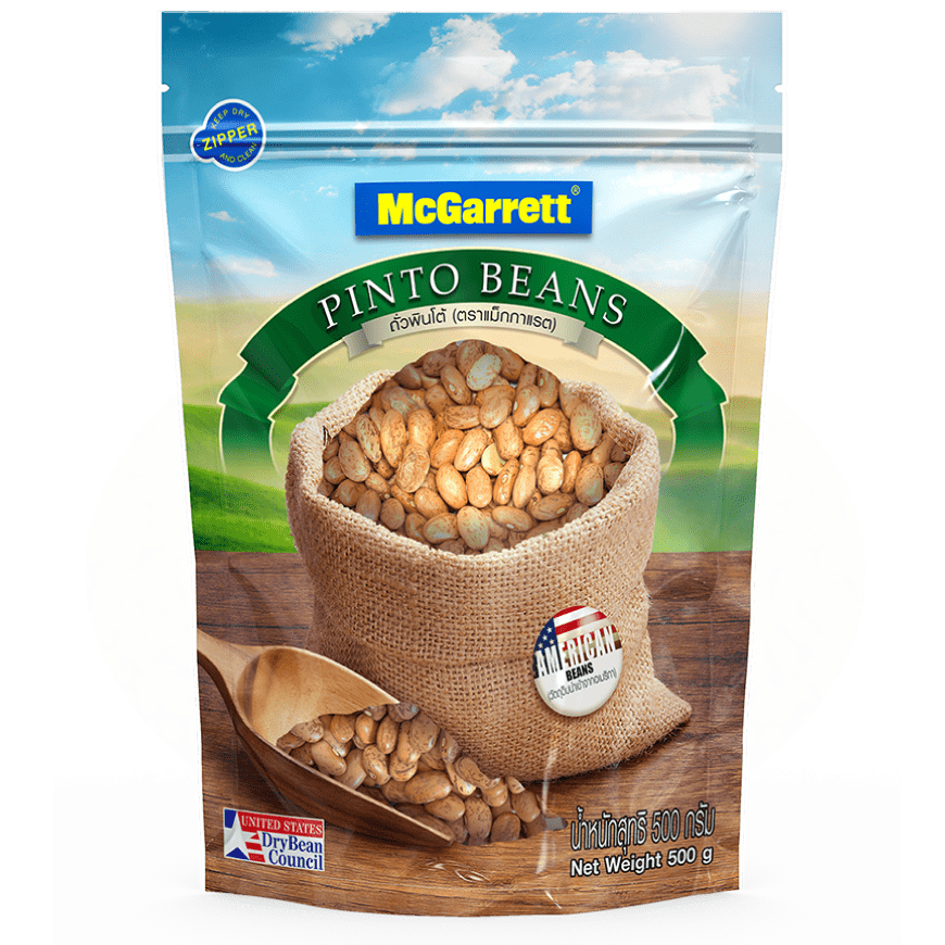 McGarrett Pinto dried beans in a clear grocery bag, showing the reddish-brown beans inside.