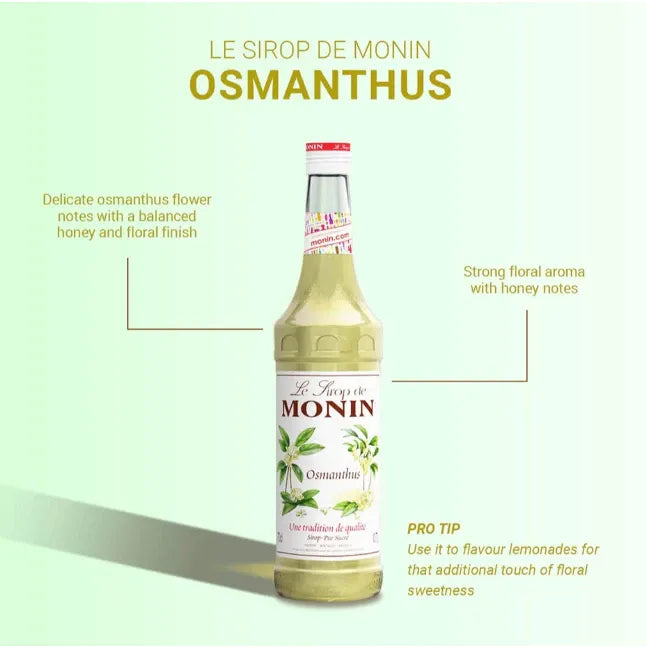 Monin Osmanthus Syrup 700ml bottle for dry grocery, with a clear label and elegant packaging.