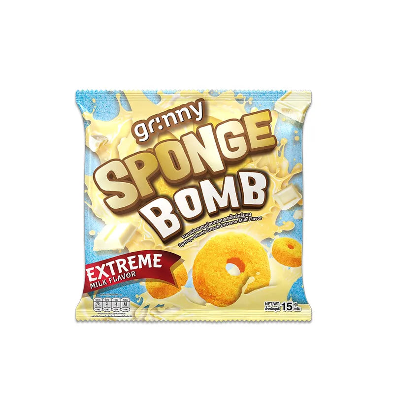 Grinny Sponge Bomb Snack Extreme Milk flavor, 15g x 12 packs, dry grocery confectionery with sponge candy texture.