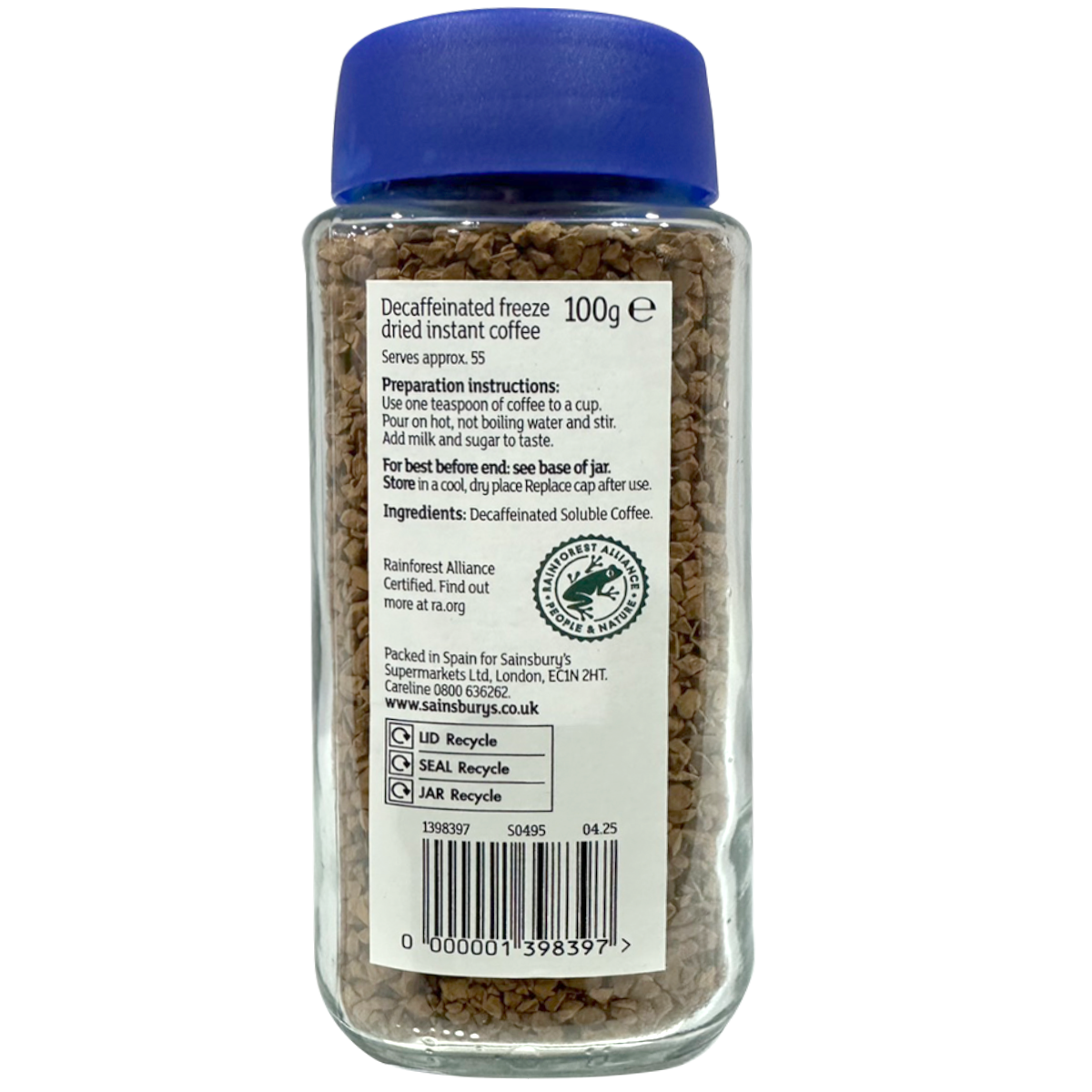 Sainsbury's Gold Roast decaffeinated instant coffee drink in a glass filled with coffee and topped with frothy crema.