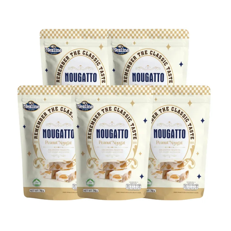 Nezline Nougatto Nougat Crisp snack in a clear wrapper, showing golden caramelized nougat with crispy texture, ready to enjoy.