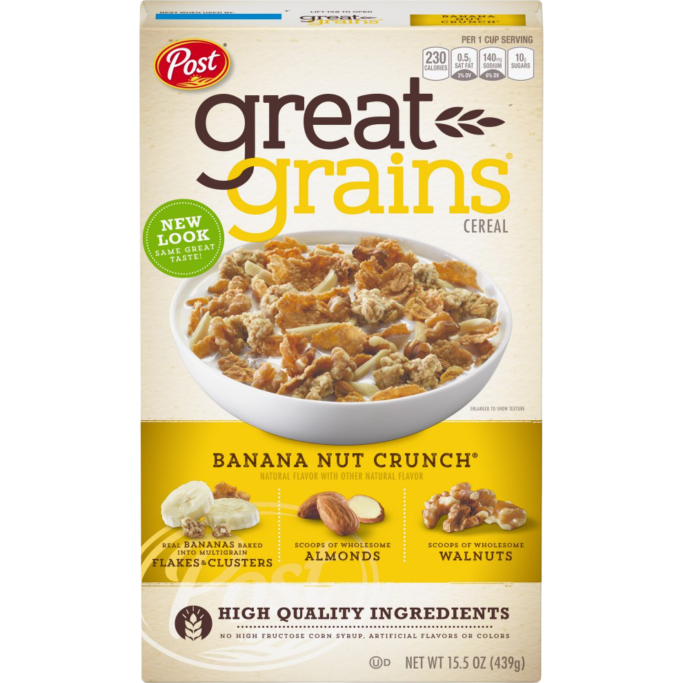 Bowl of Post Great Grains Banana Nut Crunch cereal with bananas and nuts in a white bowl on a wooden table.