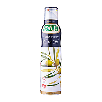 Spray bottle of Naturel Olive Oil Spray for healthy cooking, featuring a clear label and a sleek, ergonomic design.