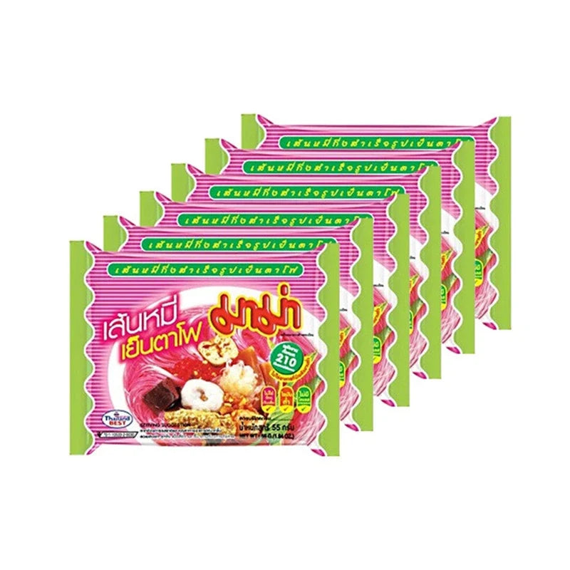 MAMA Mama Yentafo noodles packets, dry grocery product with colorful packaging and traditional Thai noodle design.