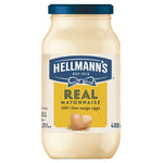 Jar of Hellmann's Real Mayonnaise with a white lid and label, displayed on a clean kitchen surface