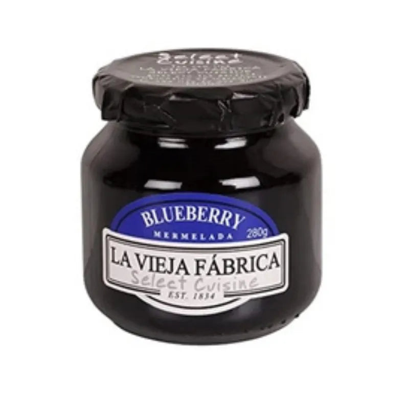 LA Vieja Fabrica Blueberry Spread in 280g jar, showcasing fresh blueberries and spread texture, perfect for breakfast or snacks.