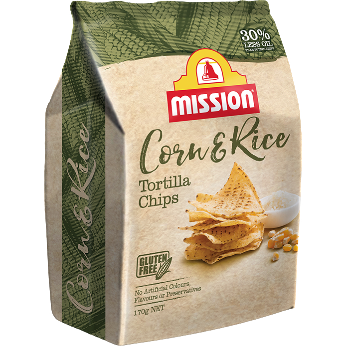 Mission Corn & Rice Chips, crunchy confectionery snacks with corn and rice, shown in a colorful package.