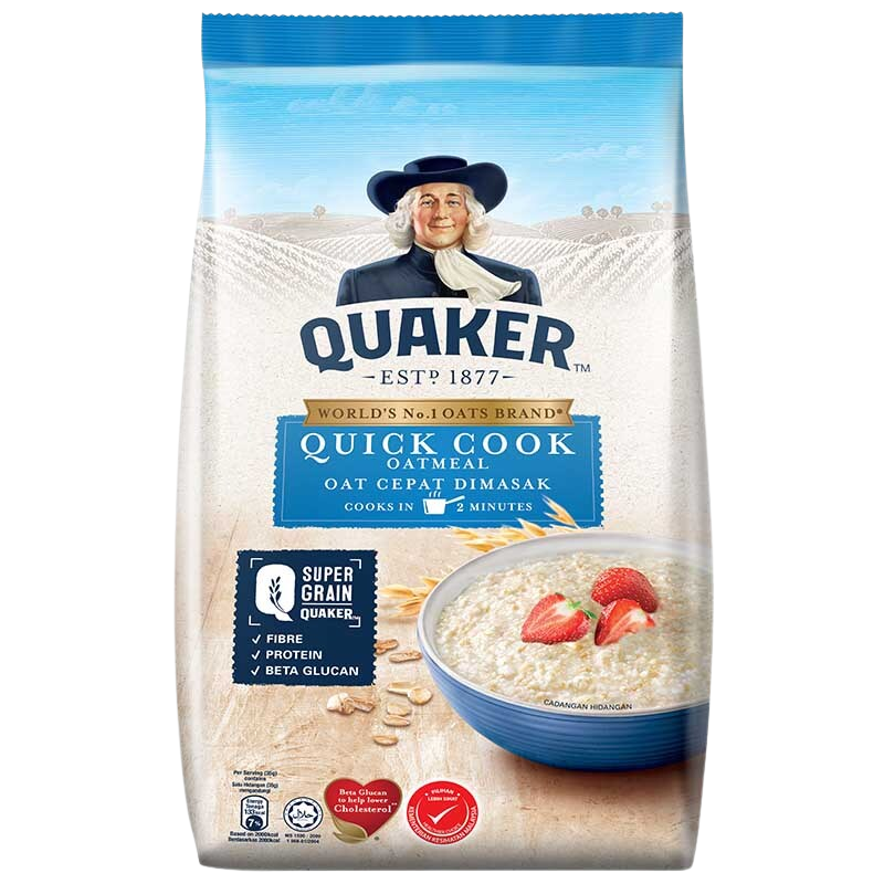 A bowl of Quaker Quick Cook Oatmeal in a white bowl with a spoon, showcasing the quick and easy breakfast option.