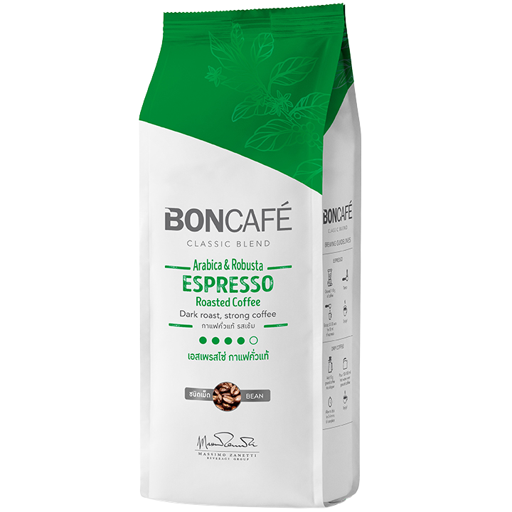 Boncafe Espresso Coffee Beans in a clear jar, showcasing shiny, roasted coffee beans for brewing rich espresso drinks.