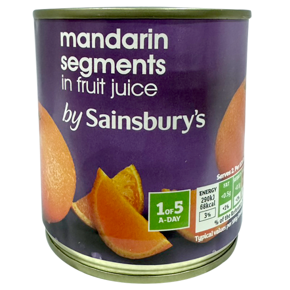 Sainsbury's Mandarin Segments in fruit juice in a clear container, showcasing bright orange citrus segments immersed in juice.