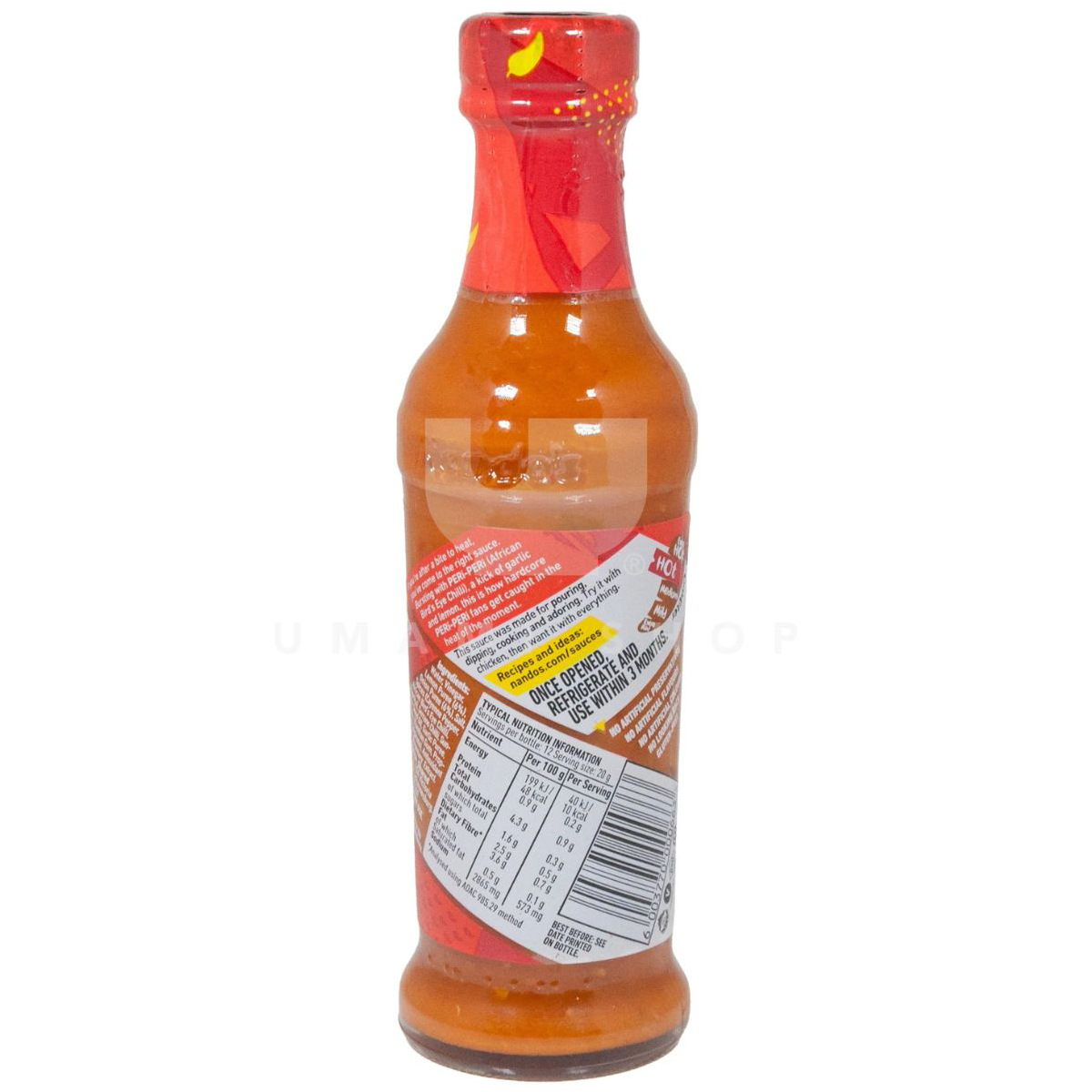 Nandos Peri Peri Medium Sauce bottle from the grocery aisle, featuring the Nandos brand label and vibrant sauce inside.