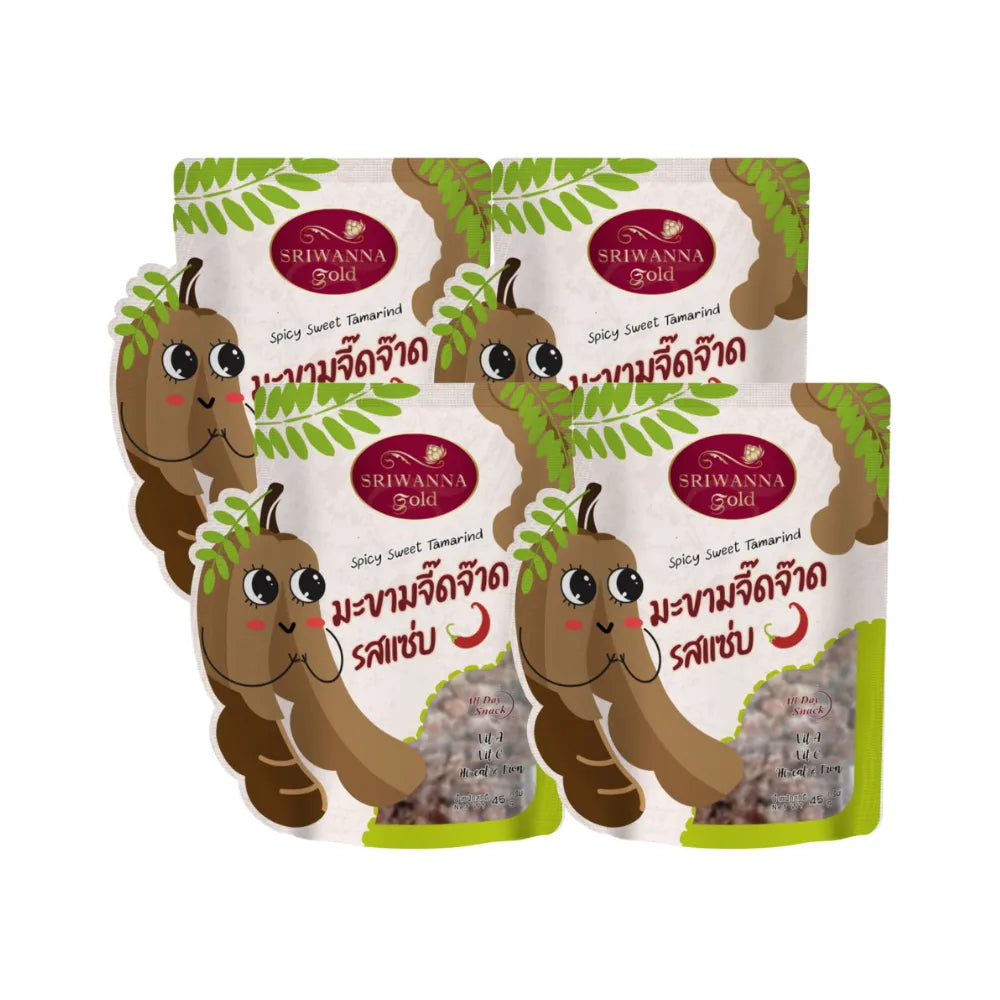 Sriwanna Gold Spicy Sweet Tamarind 45g pack, dry grocery, showing four packs of flavorful tamarind snack with vibrant packaging