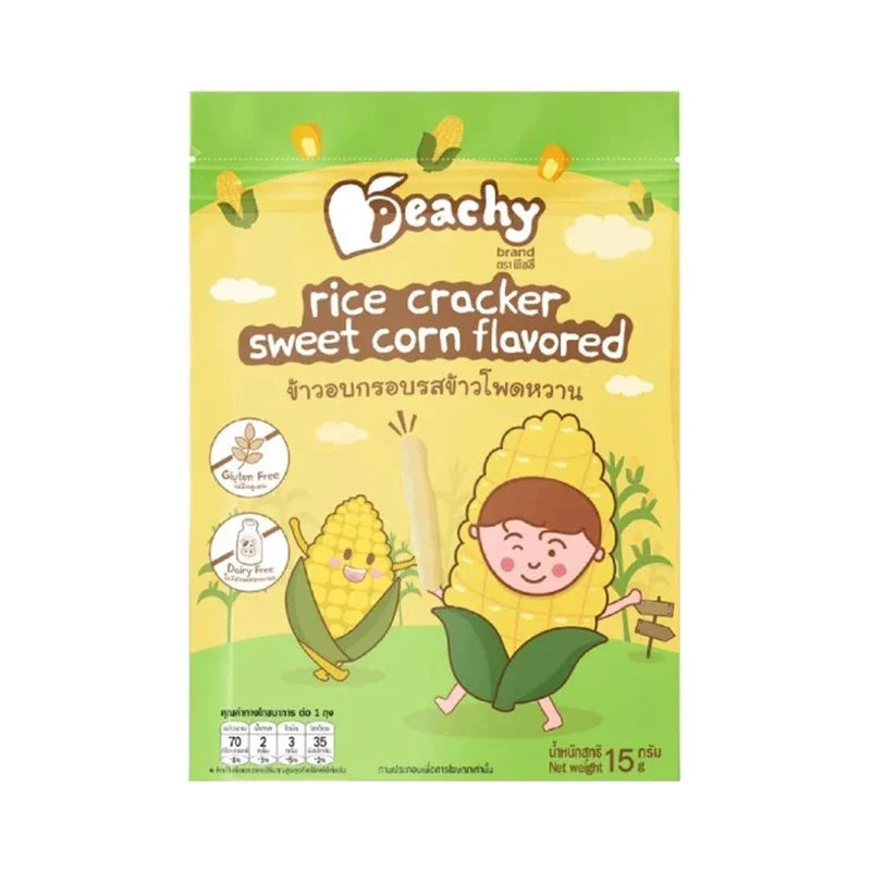 Peachy Rice Crispy snack with sweet corn flavor, dry grocery confectionery in a colorful packaging, ideal for snack lovers