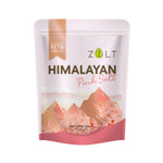 Zalt Himalayan Pink Salt with certification in a clear container, showcasing its pink crystalline texture for dry grocery use.