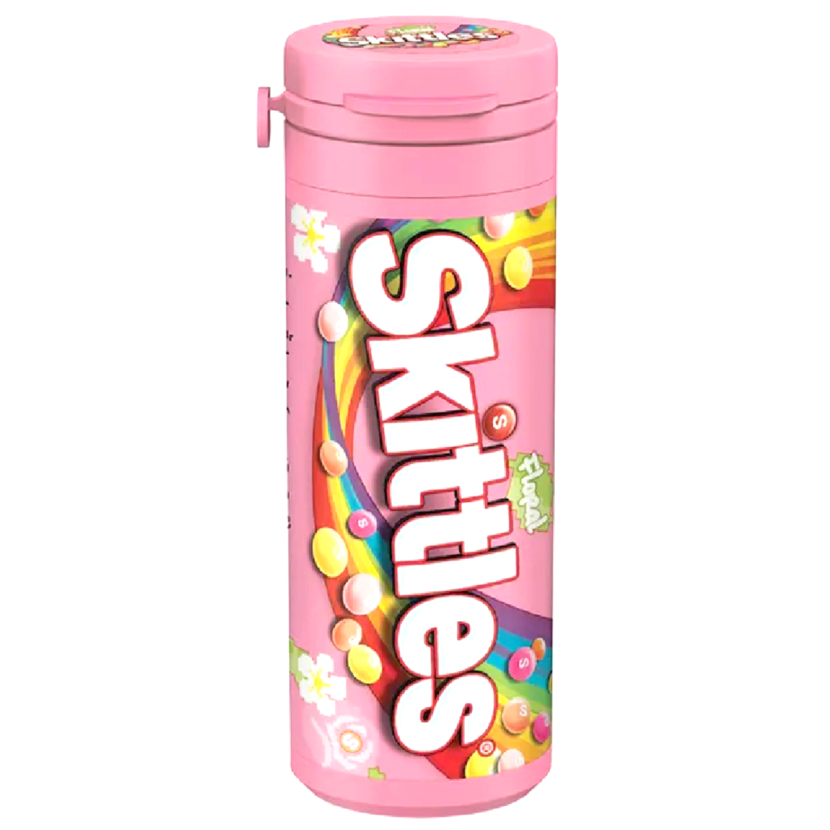 Colorful Skittles Tube Floral confectionery snacks with vibrant, flower-shaped candies in a clear tube.