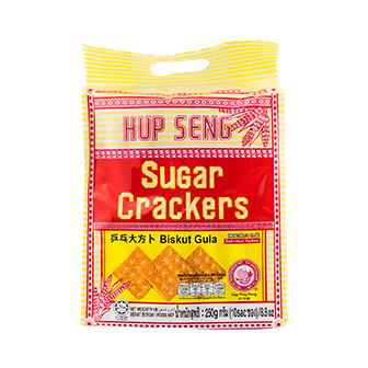 Hup Seng Sugar Cracker in a clear package showing golden, crispy confectionery snacks with sugar coating.