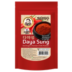 Daya Sung Gochugaru Korean chili powder in a clear jar, bright red spice used in Korean cuisine and grocery cooking.
