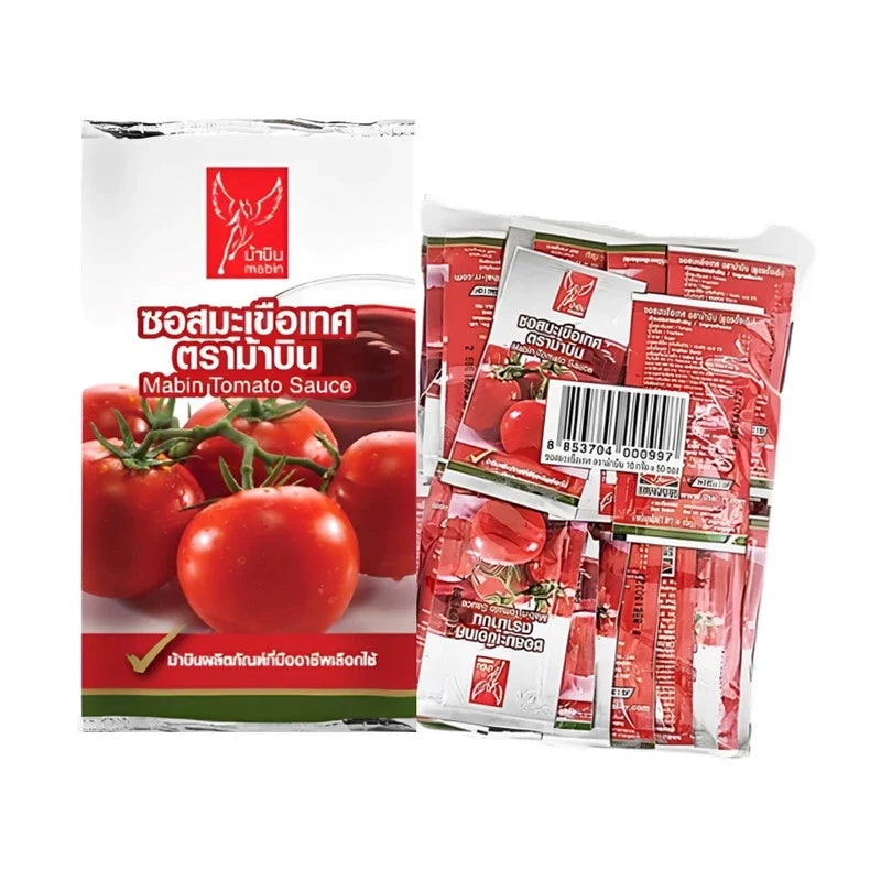 MABIN Tomato Sauce 10g packet, dry grocery product with bright red tomato images and branding on the packaging.