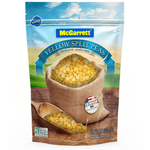 McGarrett yellow split dried beans in a clear bag, ready for cooking, showcasing vibrant yellow color and size.