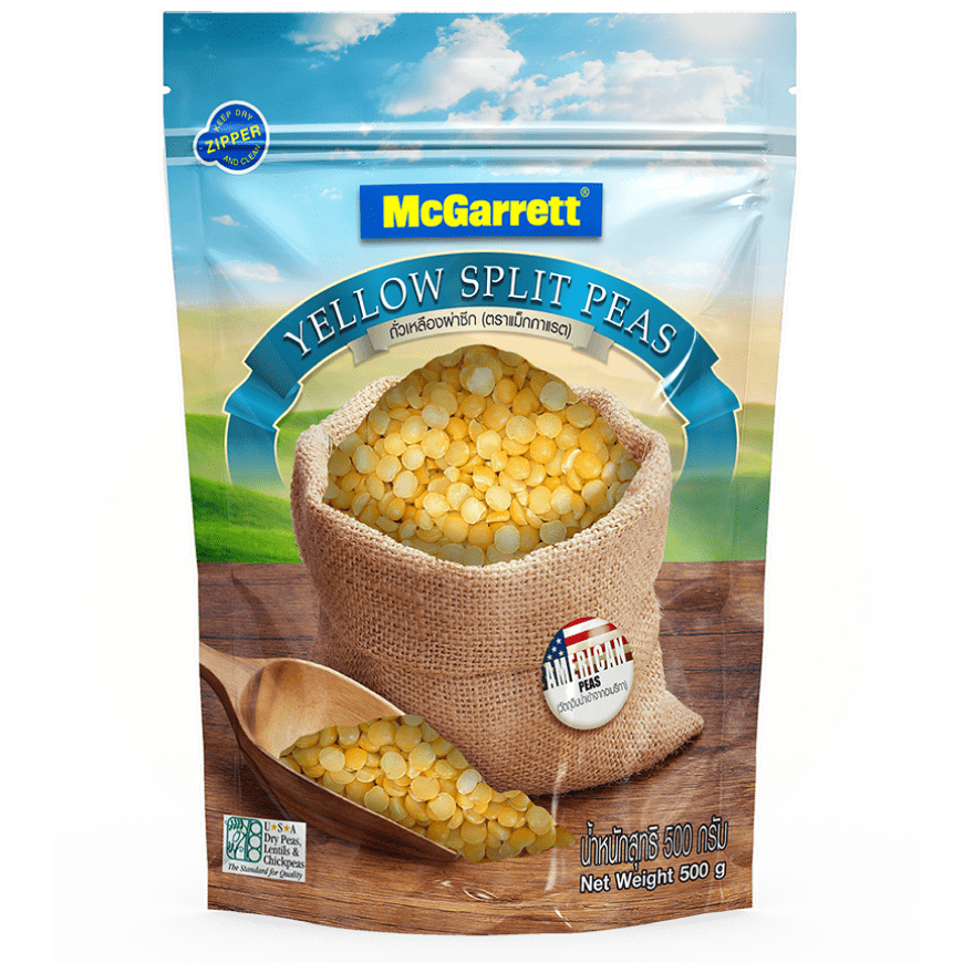 McGarrett yellow split dried beans in a clear bag, ready for cooking, showcasing vibrant yellow color and size.