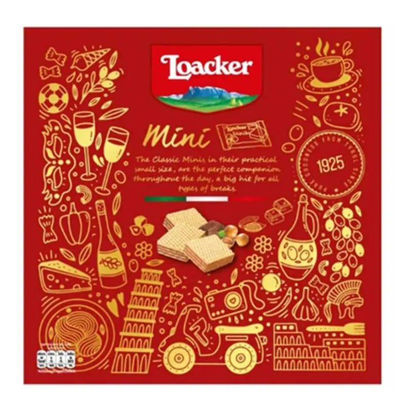 Loacker Italian gift box with 160g of assorted snack and confectionery treats, featuring colorful packaging and Italian branding.