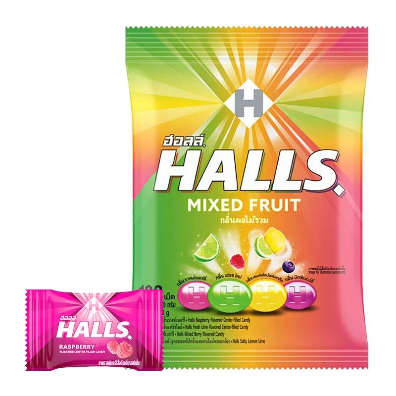 Halls Mixed Fruit dry grocery snack with assorted fruit-flavored candies in a colorful package.