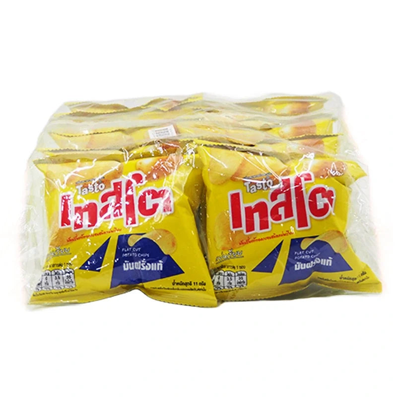 Tasto Potato Chips Salt flavor in 11g snack packs, crispy potato snack from Tasto, arranged in a pile.