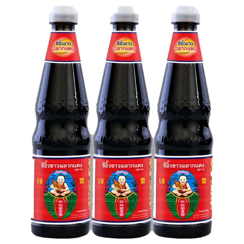 Three bottles of DEK SOM Boon Red Label Soy Sauce 700ml each, displayed side by side in a clear, close-up view.