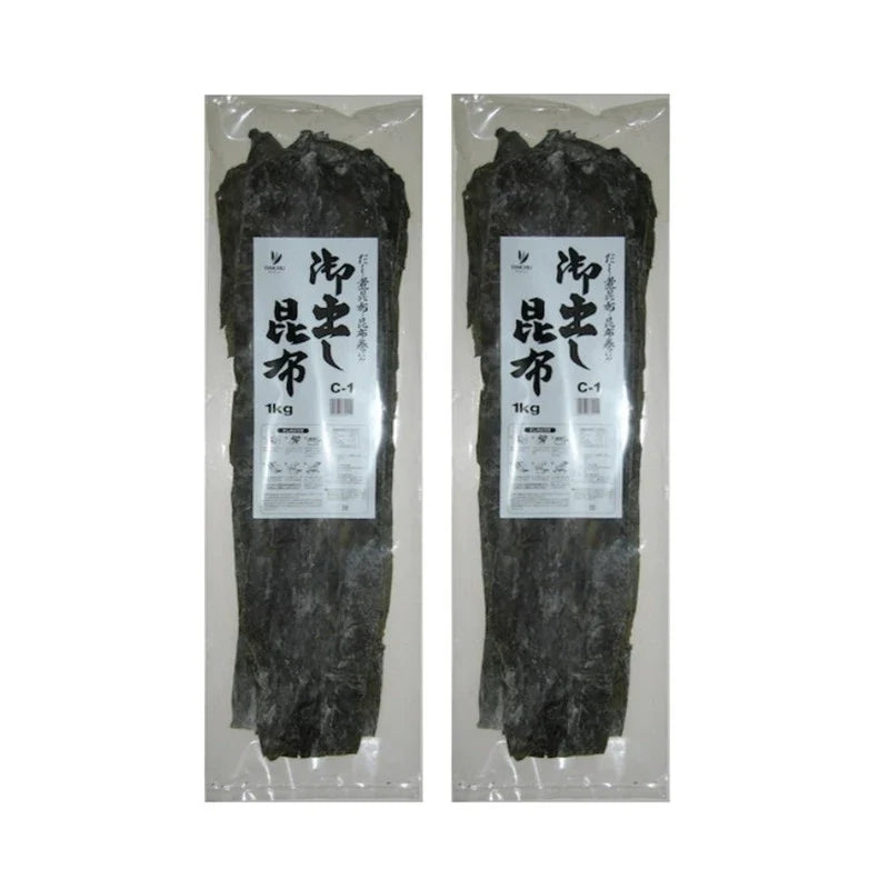 Daishu dried Odashi kombu kelp in two 1kg bags, ideal for Japanese cooking, with green kelp strips and textured surface.