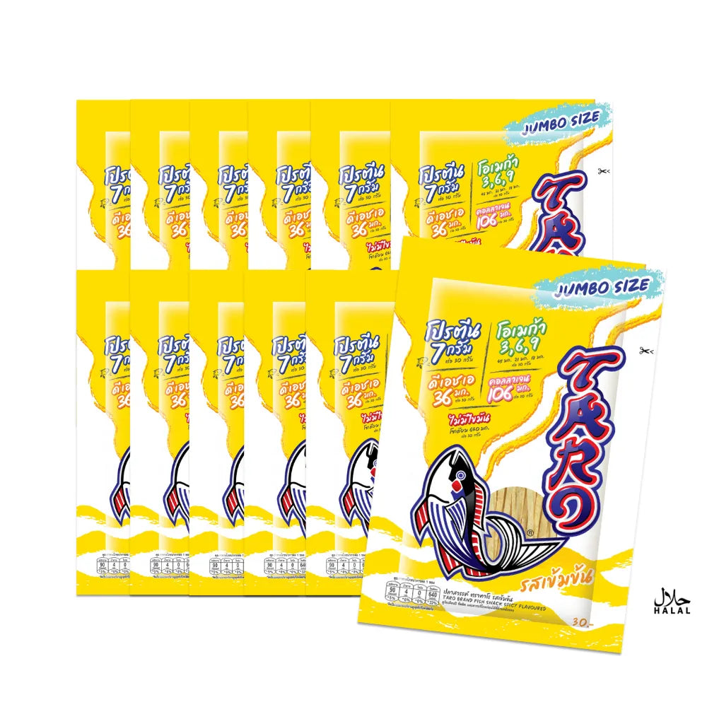 Spicy flavored Taro Fish Snack by TARO in 30g packs, dry grocery snack with crispy fish pieces and spicy seasoning.