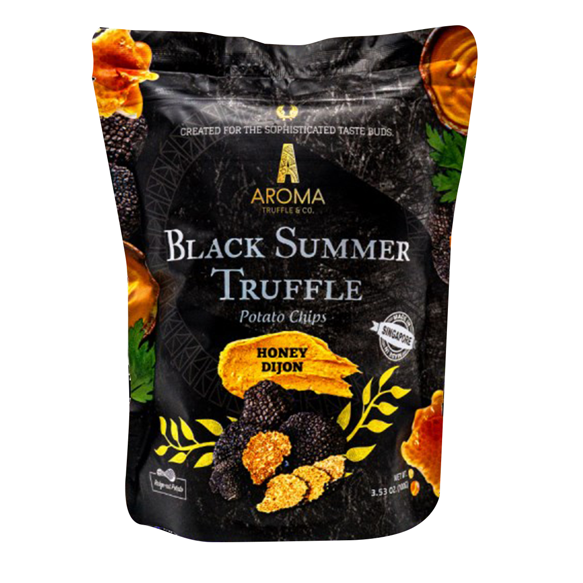 Aroma Truffle Potato Chips Honey Dijon flavor in a colorful bag, showcasing crispy chips and honey Dijon seasoning.