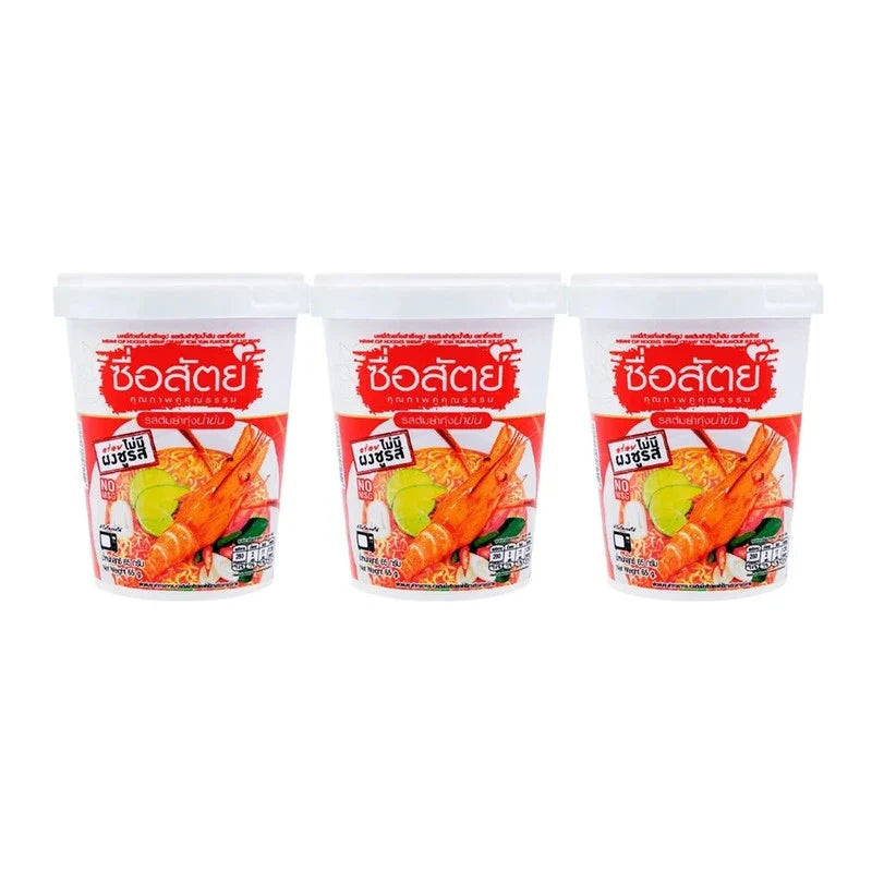 Suesat Sueasat Cup Noodles Tom Yum Kung flavor in a disposable cup, ready to enjoy as a quick, flavorful dry grocery snack