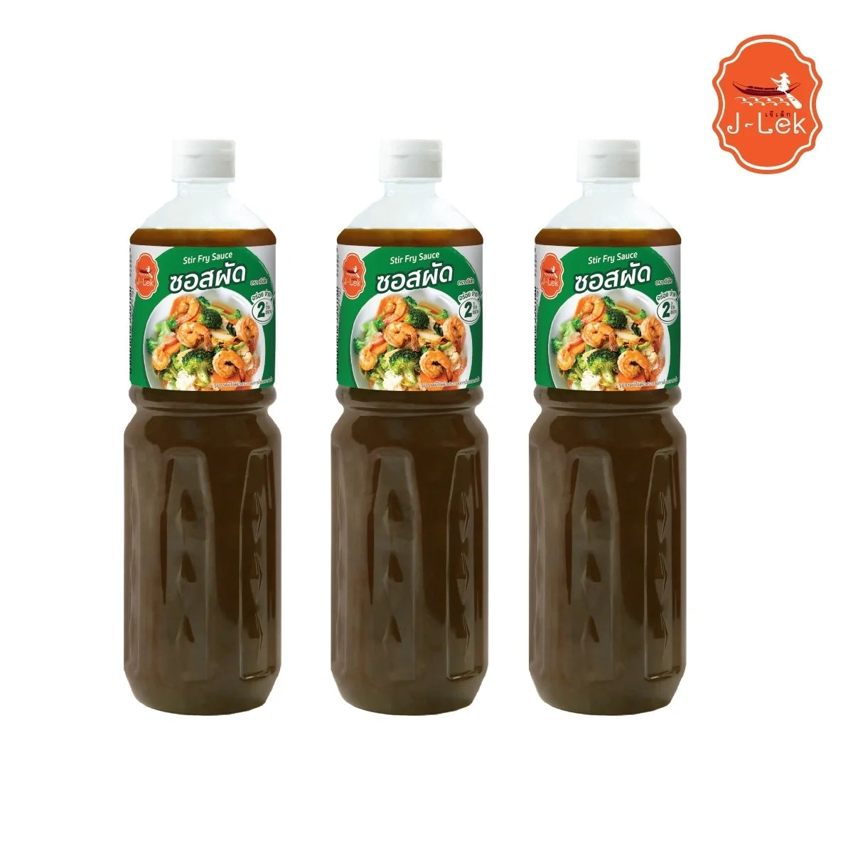 J-LEK Stir-fry Sauce bottles, 550g, dry grocery product with two clear bottles containing dark stir-fry sauce