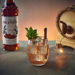 Bottle of MONIN Cinnamon Syrup 700ml for coffee, cocktails, and desserts in a clear plastic bottle with a label.