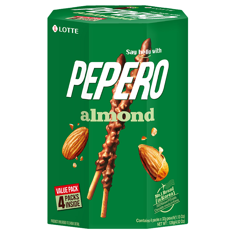 Lotte Pepero Almond confectionery snacks featuring chocolate-coated biscuit sticks with almond pieces for a crunchy treat.