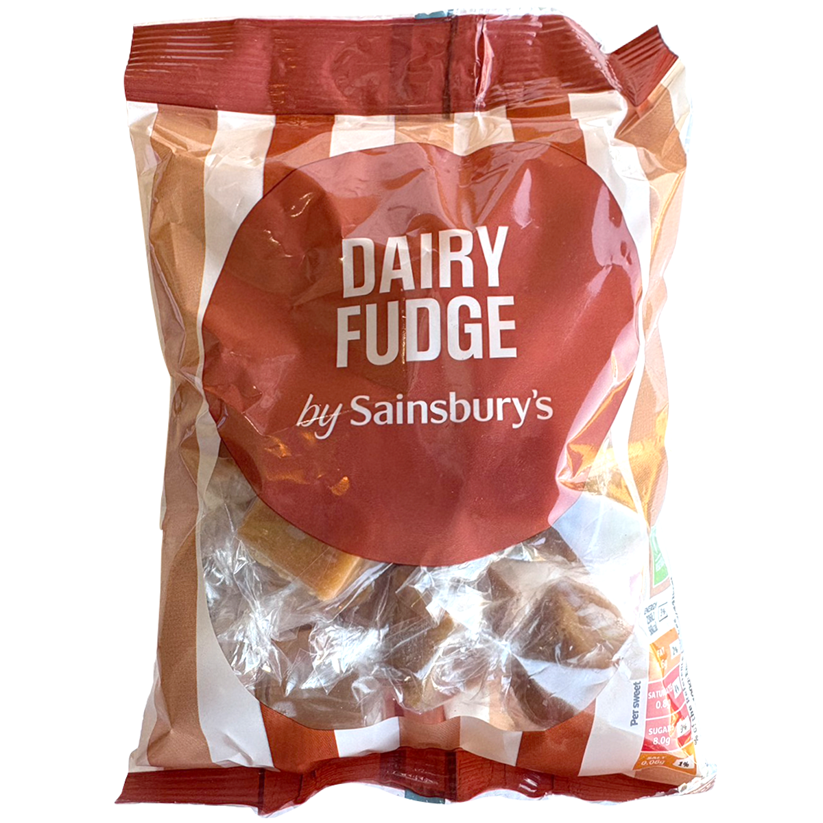 Sainsbury's Dairy Fudge pieces in a clear bowl, showcasing creamy, smooth confectionery snacks with rich dairy flavor.