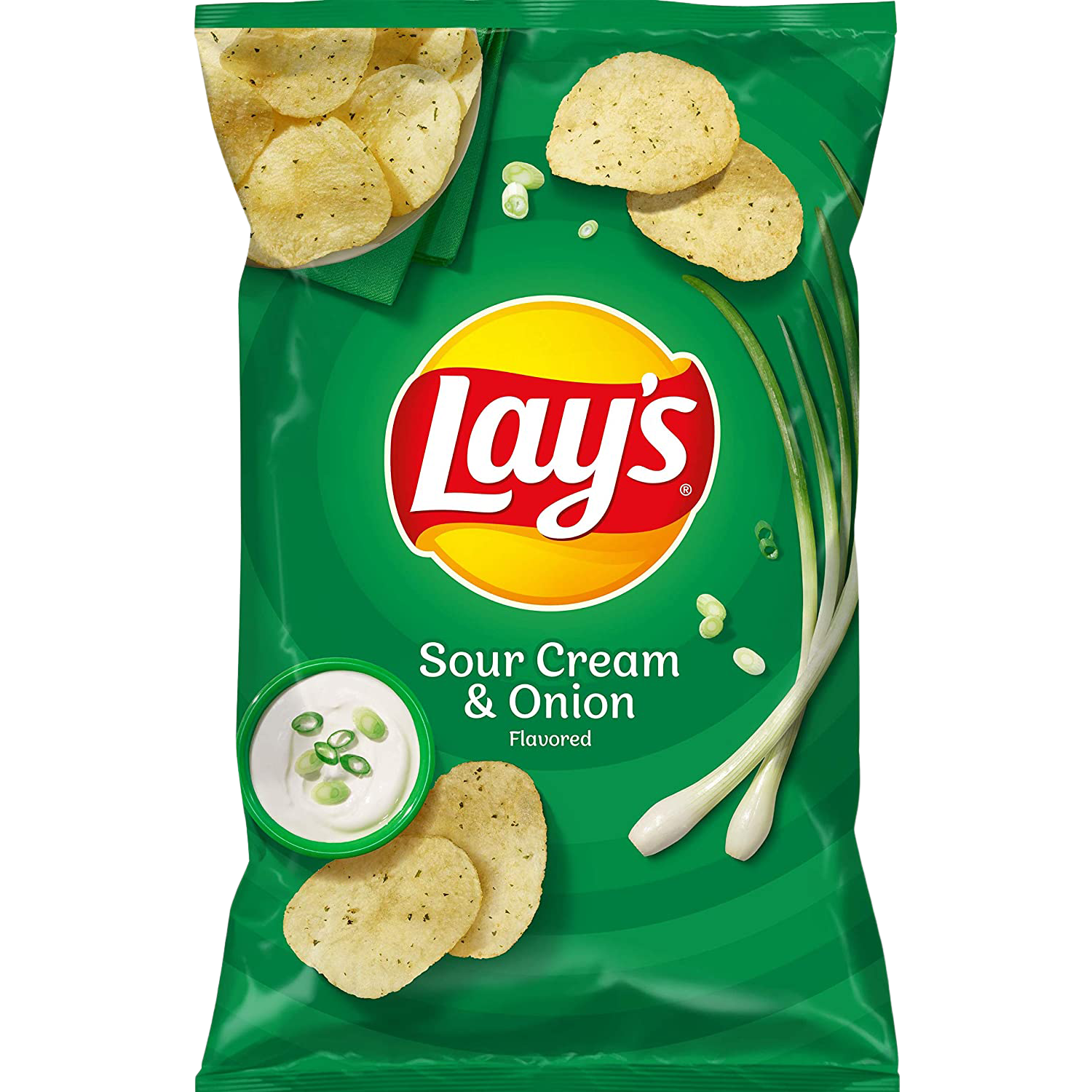 Lay's Sour Cream & Onion Potato Chips in a bright bag, crispy snack with creamy sour cream and onion flavor.