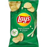 Lay's Sour Cream & Onion Potato Chips in a bright bag, crispy snack with creamy sour cream and onion flavor.
