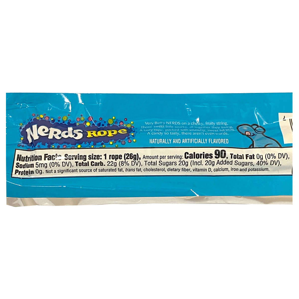 Nerds Rope Very Berry confectionery snack featuring colorful berry-flavored chewy candy coated with crunchy Nerds candies.