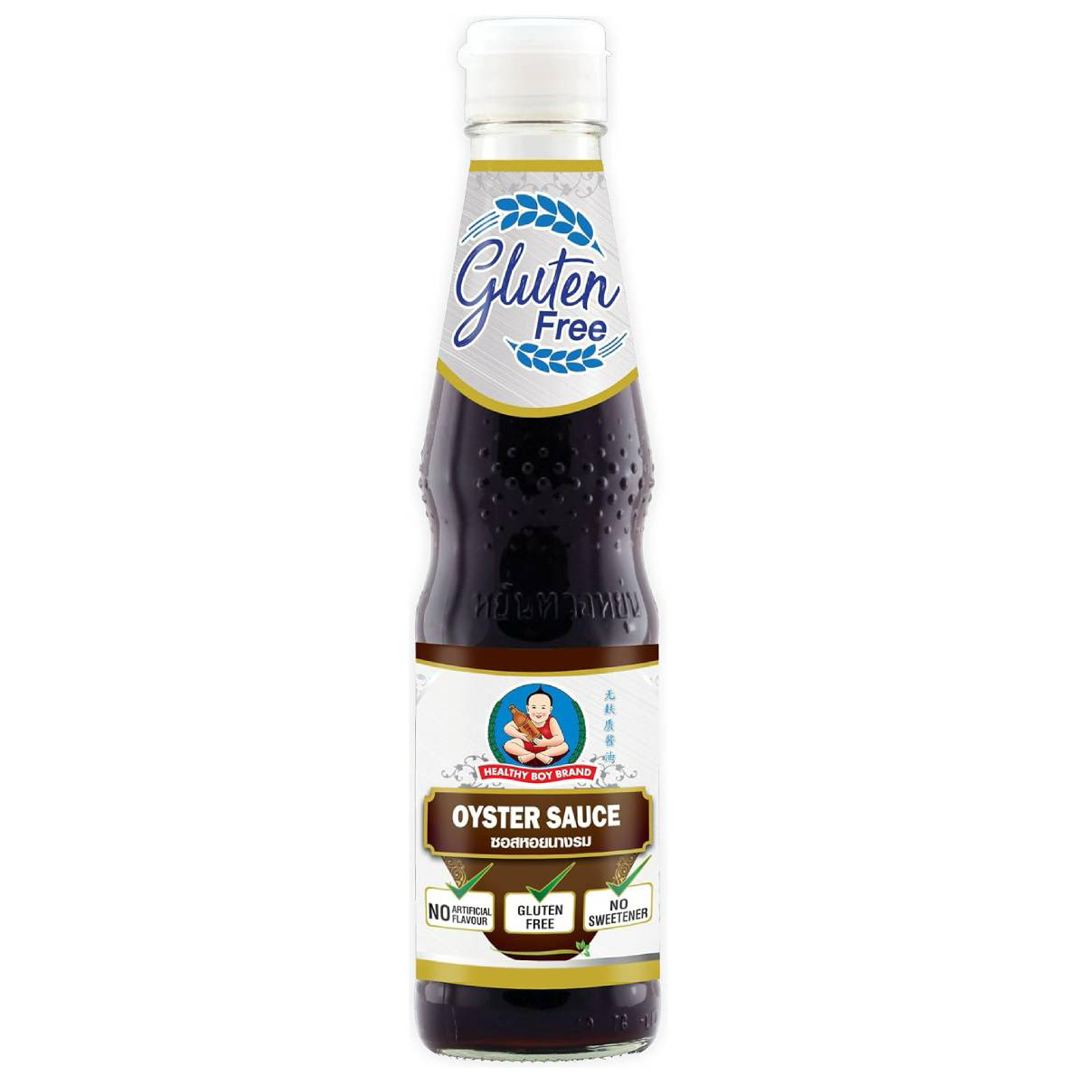 Healthy Boy gluten-free oyster sauce in a glass jar, showing the product label and sauce inside.