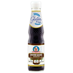 Healthy Boy gluten-free oyster sauce in a glass jar, showing the product label and sauce inside.